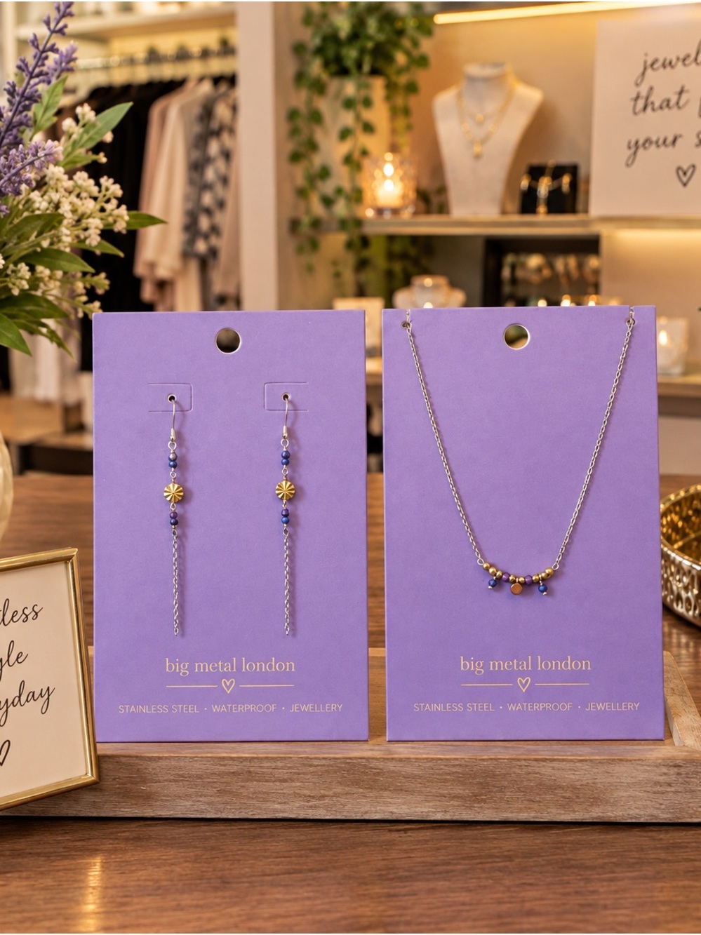 Big Metal London Purple and Gold Beaded Drop Earrings